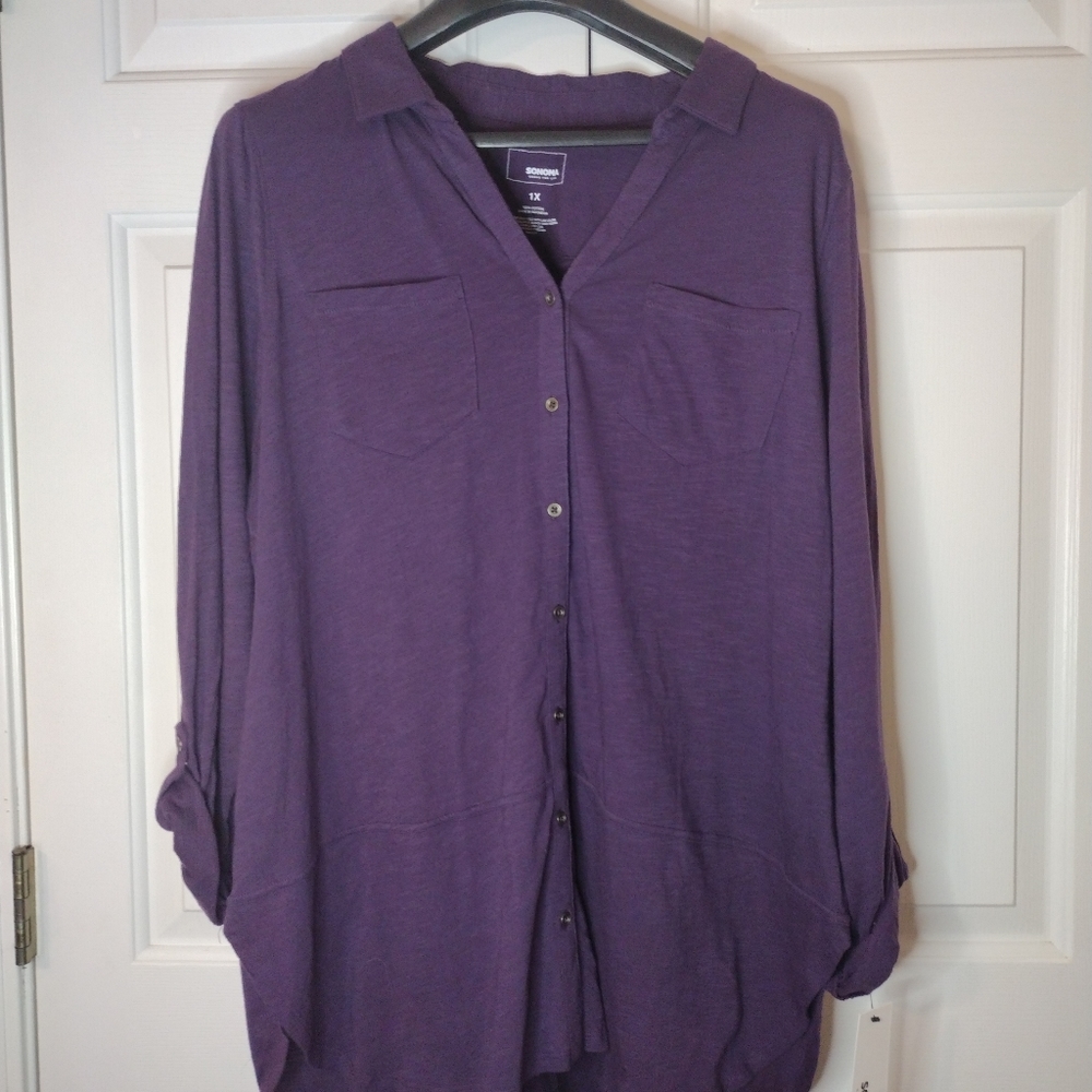 NWT Sonoma Purple Button Down Cotton Top Shirt Blouse Size 1X